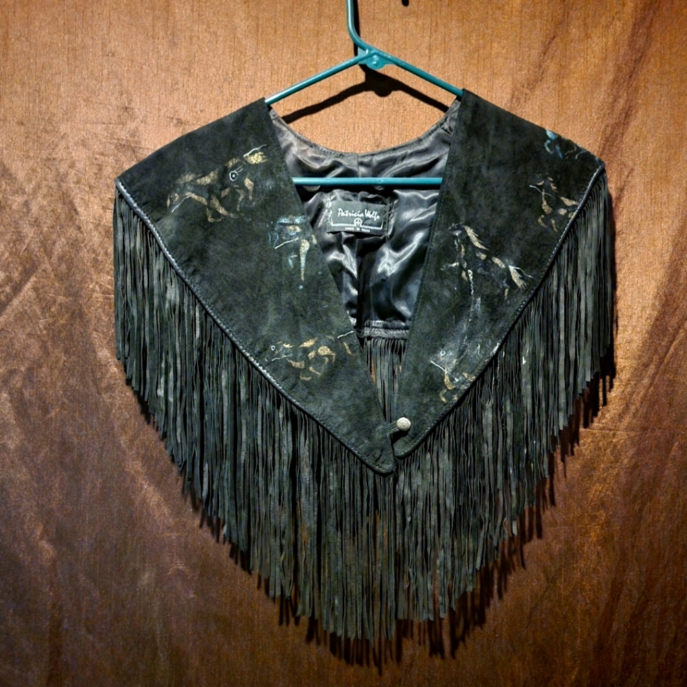 Patricia Wolf Vintage,  hand painted black suede vest with matching belt